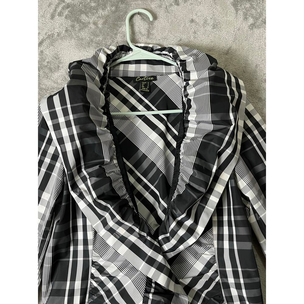 Cartise Plaid Draped Shawl Collar Peplum Blazer Jacket Black White Fitted Size 4 - Picture 2 of 7